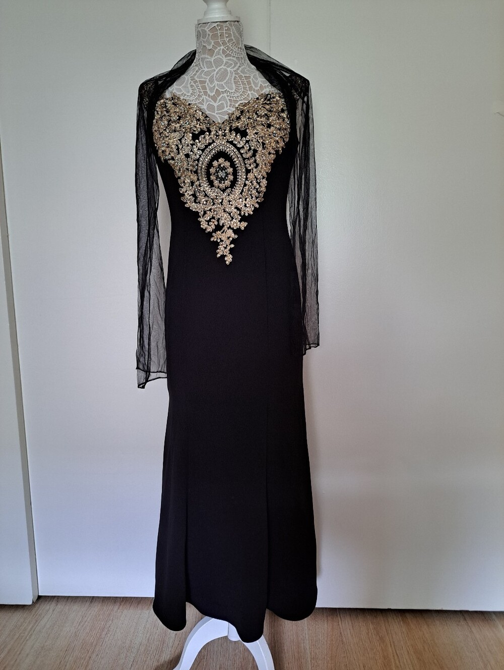Black Long- Strapped Evening Dress with Decorative Gold Embellishment